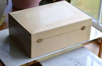 Vintage Jewelry Box with Mirror, Relined in New Crushed Velvet, Swing-Arm Tray with Ring Slots, Cream & Gold Scroll Design