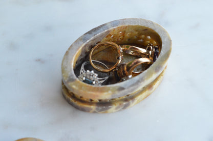 Vintage Hand-Carved Indian Soapstone Trinket Box, Mother of Pearl Floral Inlay, Reticulated Openwork Stone Jewelry Case, Marbled Boho Ring Dish