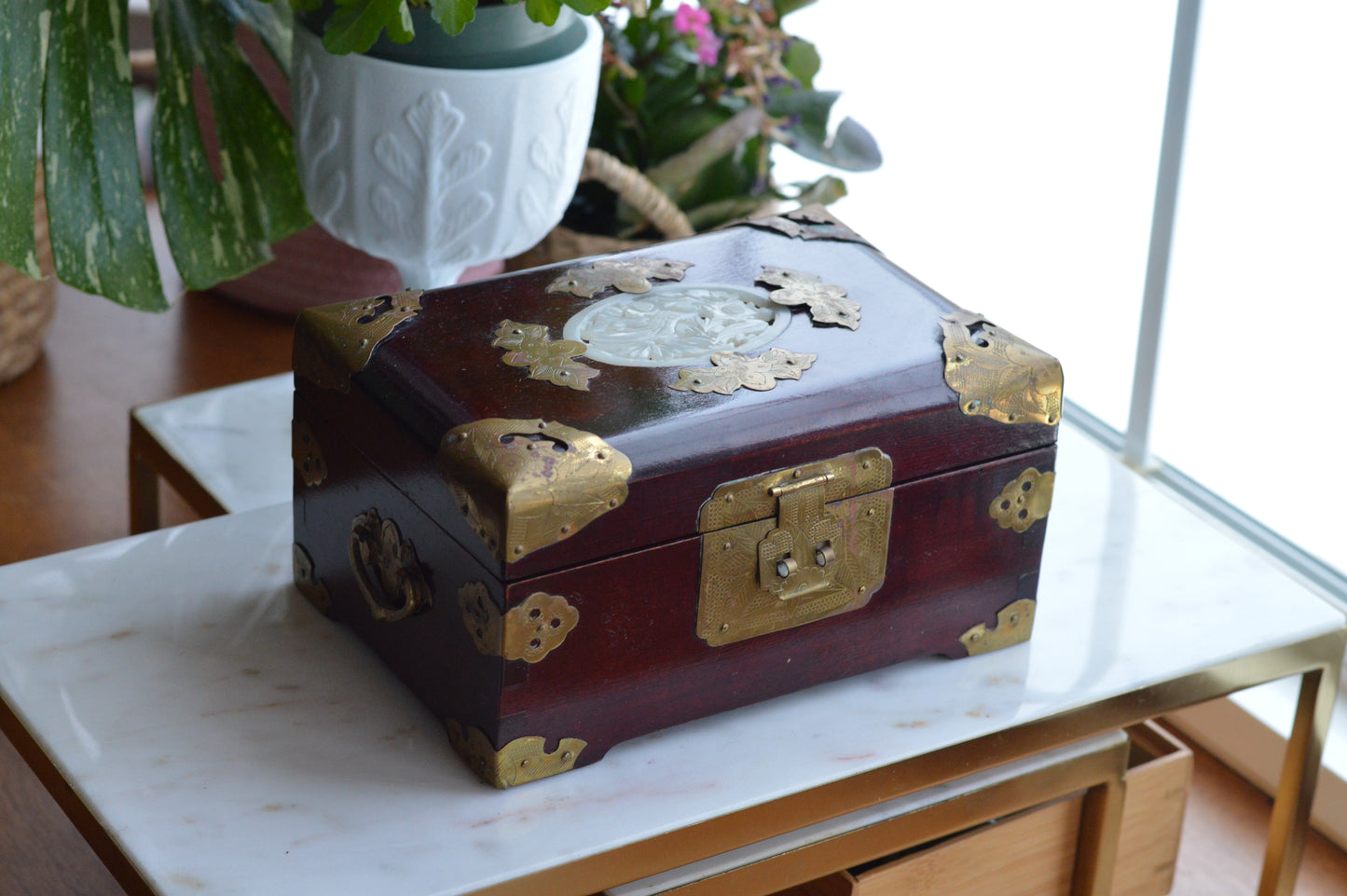 Vintage Chinese Rosewood Jewelry Box, Carved Jade Medallion & Etched Brass Fittings, Mid-Century Shanghai Artisan Chest