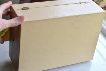 Vintage Jewelry Box with Mirror, Relined in New Crushed Velvet, Swing-Arm Tray with Ring Slots, Cream & Gold Scroll Design