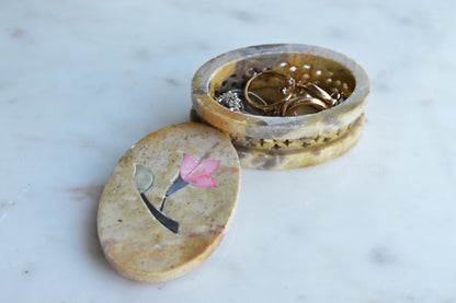 Vintage Hand-Carved Indian Soapstone Trinket Box, Mother of Pearl Floral Inlay, Reticulated Openwork Stone Jewelry Case, Marbled Boho Ring Dish