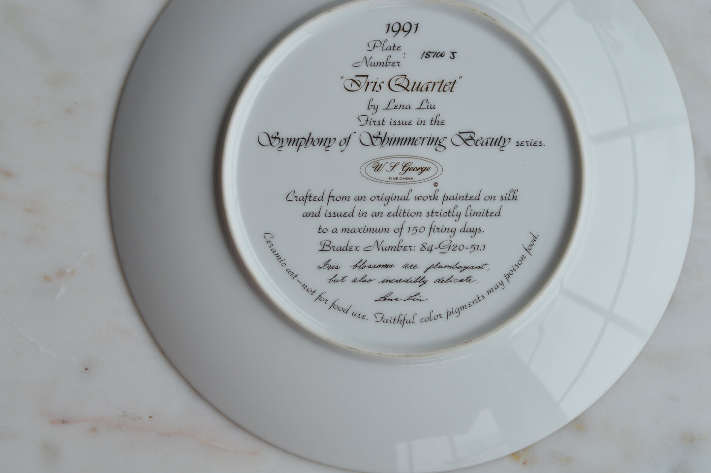 1991 Lena Liu “Iris Quartet” Collector Plate • W.S. George Fine China • Limited Edition • Symphony of Shimmering Beauty • Floral Iris Wall Art
