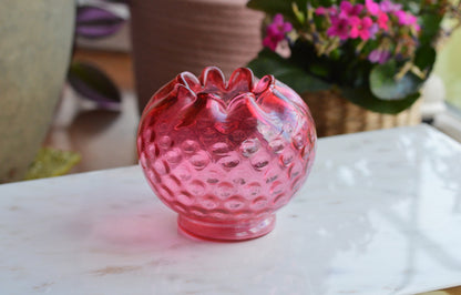 Vintage Fenton Cranberry Hobnail Glass Rose Bowl – Ruffled Edge, Pink Art Glass Vase, Mid-Century Collectible