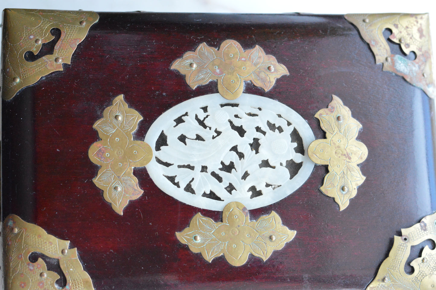 Vintage Chinese Rosewood Jewelry Box, Carved Jade Medallion & Etched Brass Fittings, Mid-Century Shanghai Artisan Chest