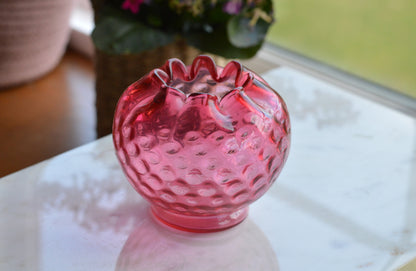 Vintage Fenton Cranberry Hobnail Glass Rose Bowl – Ruffled Edge, Pink Art Glass Vase, Mid-Century Collectible