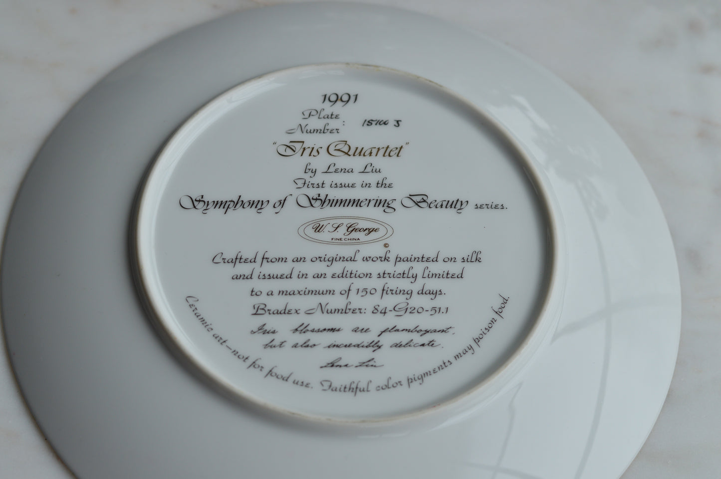 1991 Lena Liu “Iris Quartet” Collector Plate • W.S. George Fine China • Limited Edition • Symphony of Shimmering Beauty • Floral Iris Wall Art