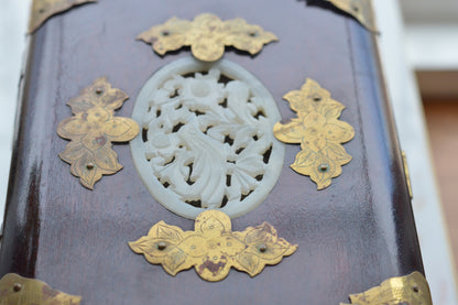 Vintage Chinese Rosewood Jewelry Box, Carved Jade Medallion & Etched Brass Fittings, Mid-Century Shanghai Artisan Chest