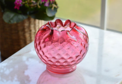 Vintage Fenton Cranberry Hobnail Glass Rose Bowl – Ruffled Edge, Pink Art Glass Vase, Mid-Century Collectible