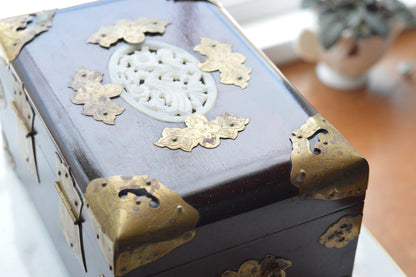 Vintage Chinese Rosewood Jewelry Box, Carved Jade Medallion & Etched Brass Fittings, Mid-Century Shanghai Artisan Chest