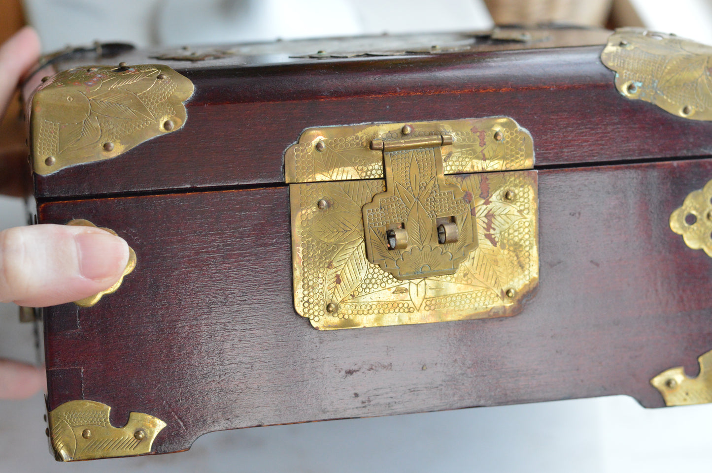 Vintage Chinese Rosewood Jewelry Box, Carved Jade Medallion & Etched Brass Fittings, Mid-Century Shanghai Artisan Chest