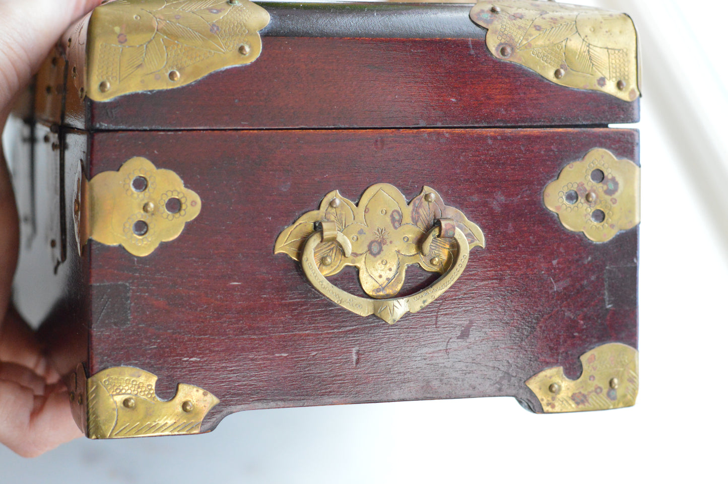 Vintage Chinese Rosewood Jewelry Box, Carved Jade Medallion & Etched Brass Fittings, Mid-Century Shanghai Artisan Chest