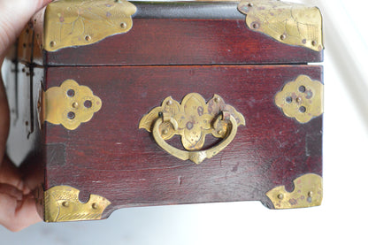 Vintage Chinese Rosewood Jewelry Box, Carved Jade Medallion & Etched Brass Fittings, Mid-Century Shanghai Artisan Chest