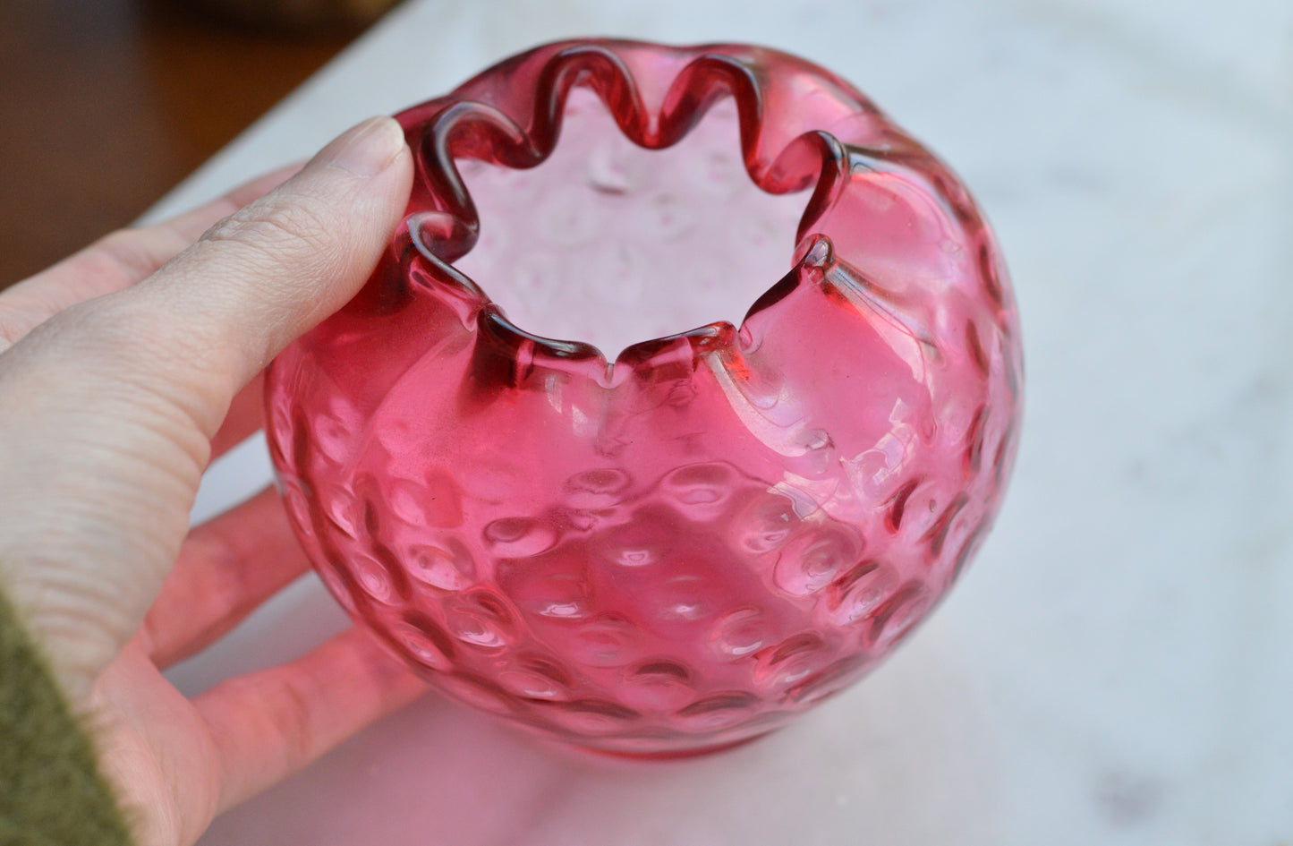 Vintage Fenton Cranberry Hobnail Glass Rose Bowl – Ruffled Edge, Pink Art Glass Vase, Mid-Century Collectible