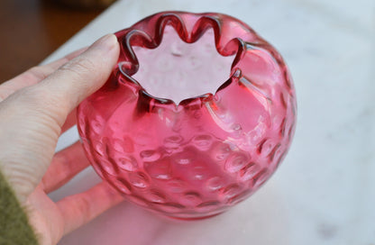 Vintage Fenton Cranberry Hobnail Glass Rose Bowl – Ruffled Edge, Pink Art Glass Vase, Mid-Century Collectible