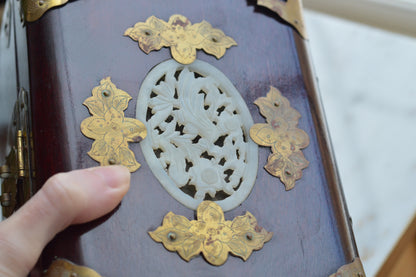 Vintage Chinese Rosewood Jewelry Box, Carved Jade Medallion & Etched Brass Fittings, Mid-Century Shanghai Artisan Chest