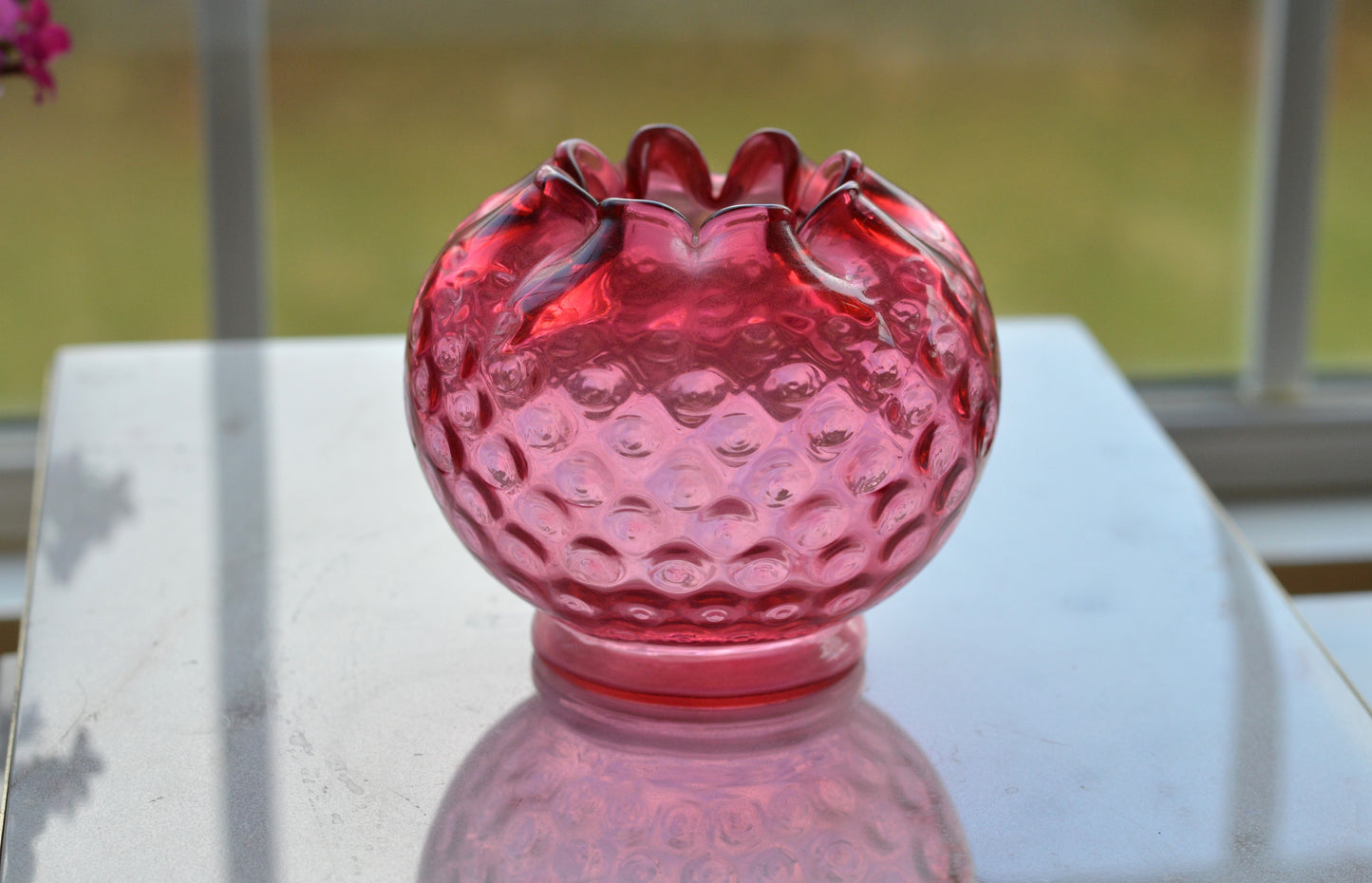 Vintage Fenton Cranberry Hobnail Glass Rose Bowl – Ruffled Edge, Pink Art Glass Vase, Mid-Century Collectible