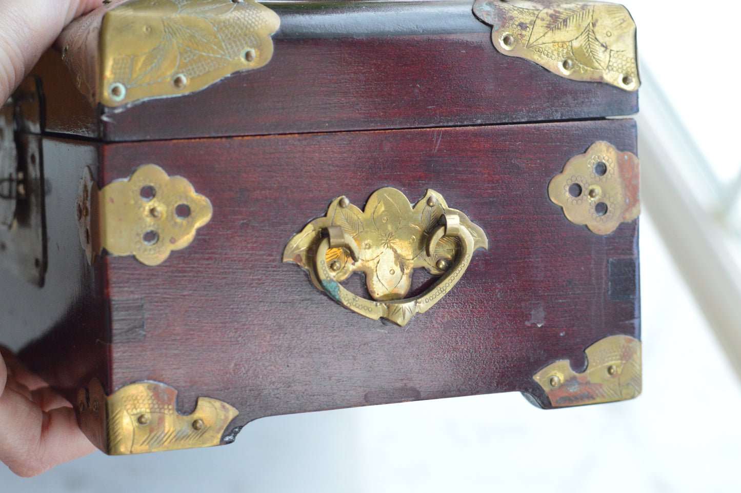 Vintage Chinese Rosewood Jewelry Box, Carved Jade Medallion & Etched Brass Fittings, Mid-Century Shanghai Artisan Chest
