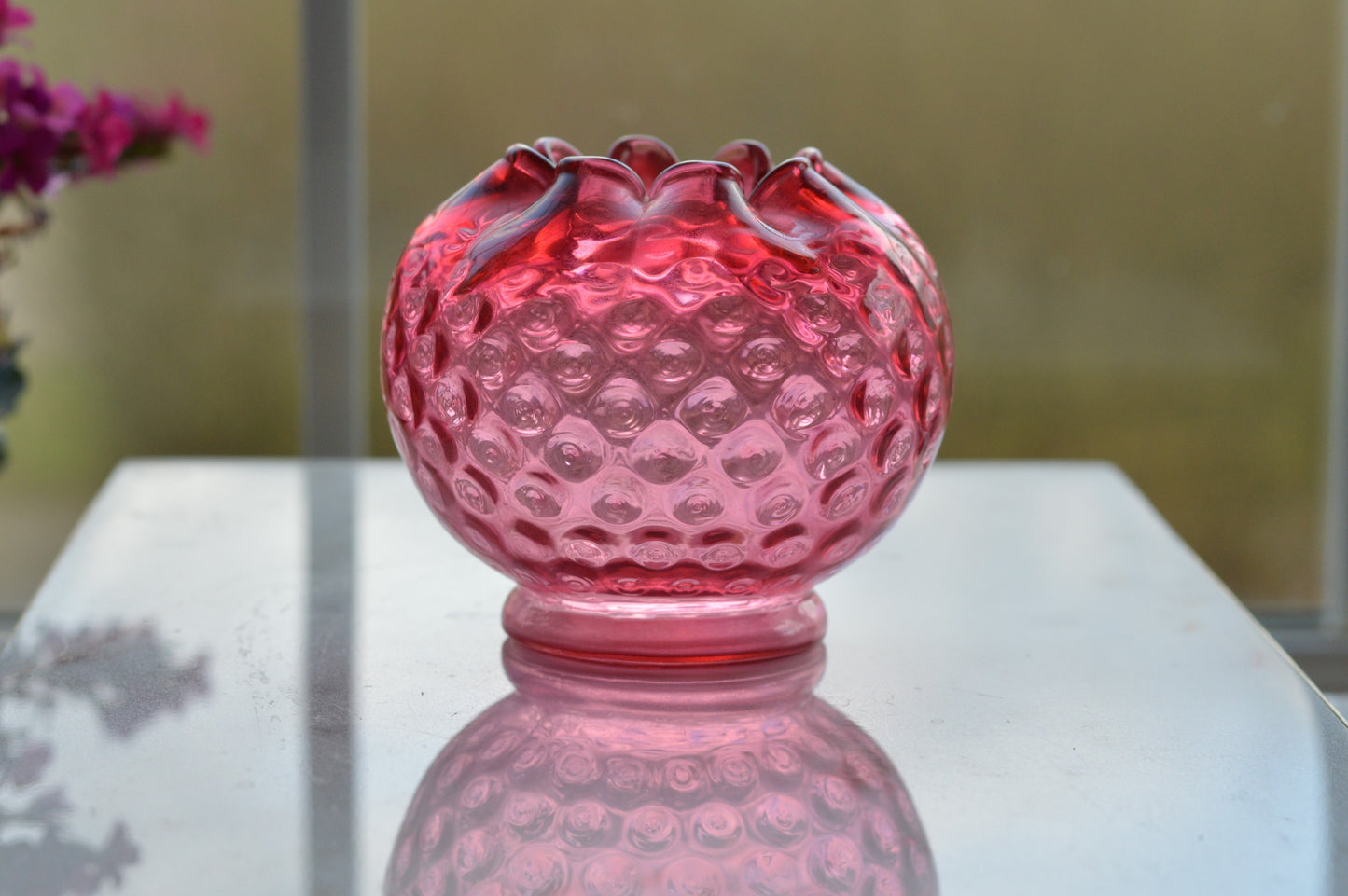 Vintage Fenton Cranberry Hobnail Glass Rose Bowl – Ruffled Edge, Pink Art Glass Vase, Mid-Century Collectible