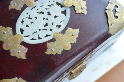 Vintage Chinese Rosewood Jewelry Box, Carved Jade Medallion & Etched Brass Fittings, Mid-Century Shanghai Artisan Chest