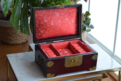 Vintage Chinese Rosewood Jewelry Box, Carved Jade Medallion & Etched Brass Fittings, Mid-Century Shanghai Artisan Chest