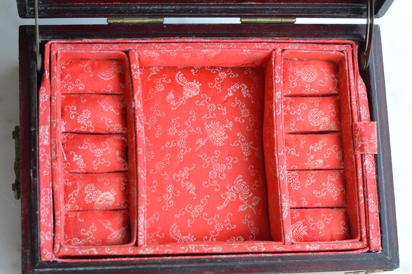 Vintage Chinese Rosewood Jewelry Box, Carved Jade Medallion & Etched Brass Fittings, Mid-Century Shanghai Artisan Chest