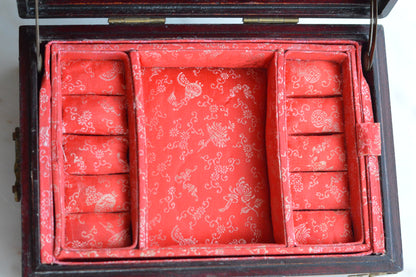 Vintage Chinese Rosewood Jewelry Box, Carved Jade Medallion & Etched Brass Fittings, Mid-Century Shanghai Artisan Chest