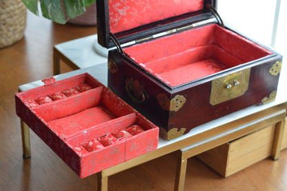 Vintage Chinese Rosewood Jewelry Box, Carved Jade Medallion & Etched Brass Fittings, Mid-Century Shanghai Artisan Chest