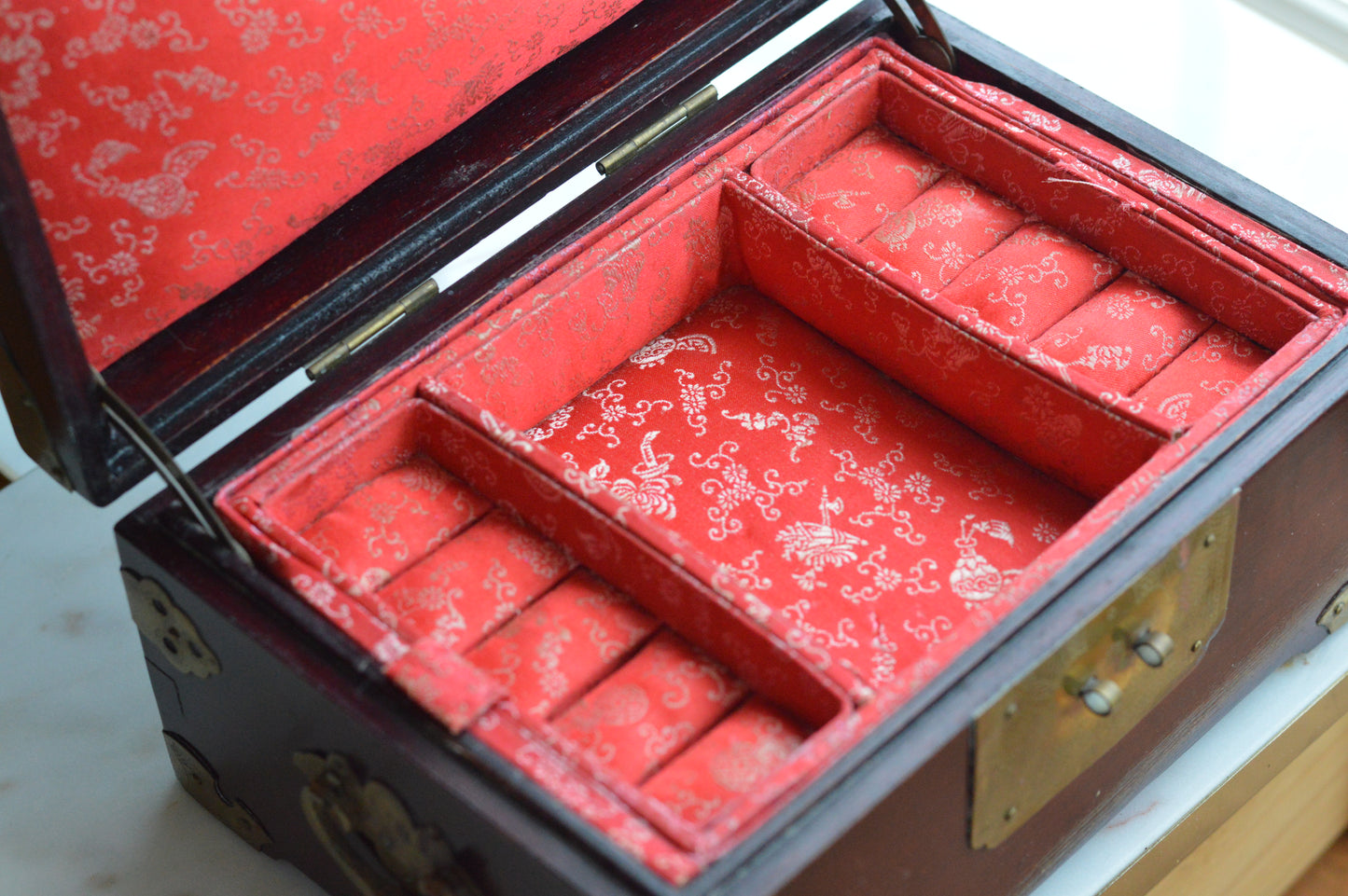 Vintage Chinese Rosewood Jewelry Box, Carved Jade Medallion & Etched Brass Fittings, Mid-Century Shanghai Artisan Chest