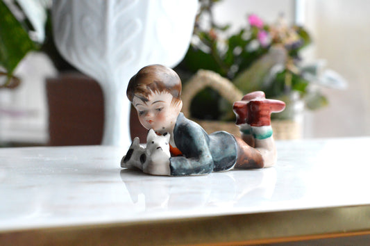 Vintage Hand-Painted Occupied Japan Porcelain Figurine - Little Boy Lying Down with Terrier Puppy Dog, c. 1945-1952