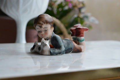 Vintage Hand-Painted Occupied Japan Porcelain Figurine - Little Boy Lying Down with Terrier Puppy Dog, c. 1945-1952