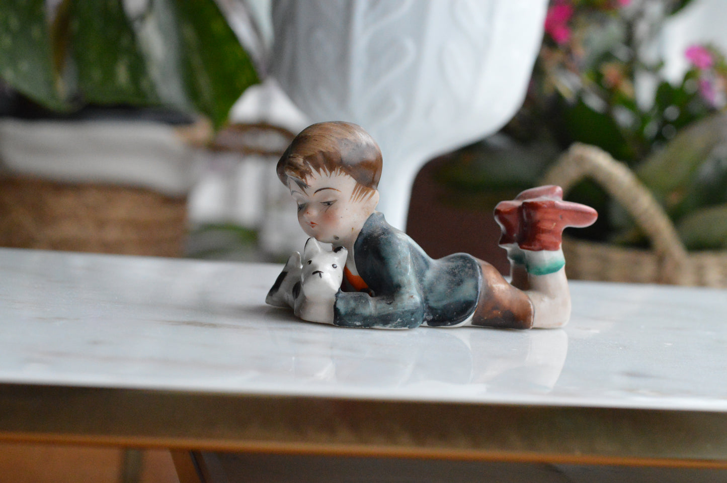 Vintage Hand-Painted Occupied Japan Porcelain Figurine - Little Boy Lying Down with Terrier Puppy Dog, c. 1945-1952
