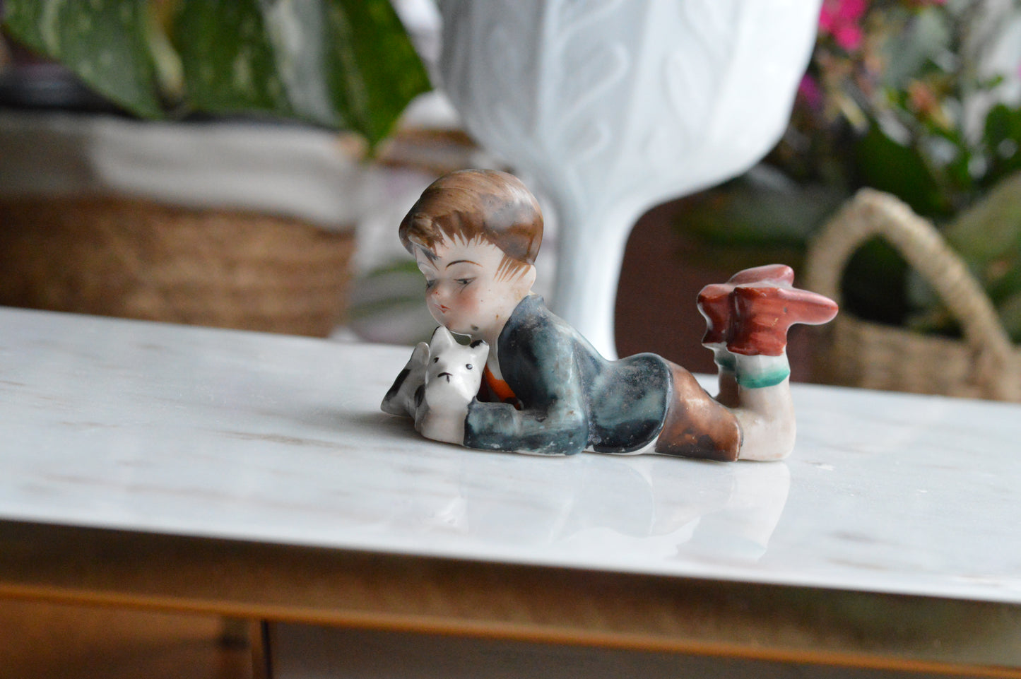 Vintage Hand-Painted Occupied Japan Porcelain Figurine - Little Boy Lying Down with Terrier Puppy Dog, c. 1945-1952