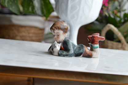 Vintage Hand-Painted Occupied Japan Porcelain Figurine - Little Boy Lying Down with Terrier Puppy Dog, c. 1945-1952