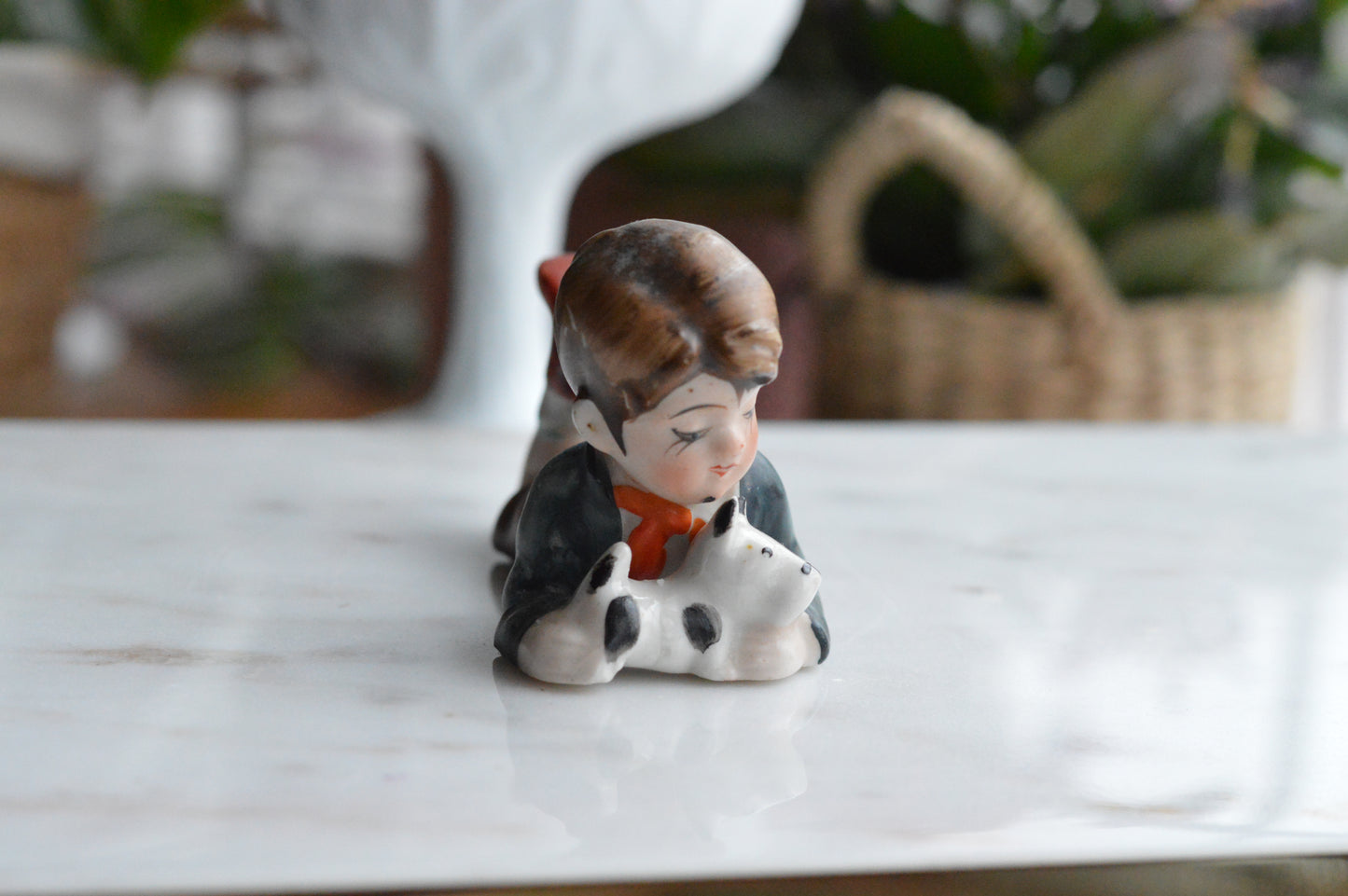Vintage Hand-Painted Occupied Japan Porcelain Figurine - Little Boy Lying Down with Terrier Puppy Dog, c. 1945-1952