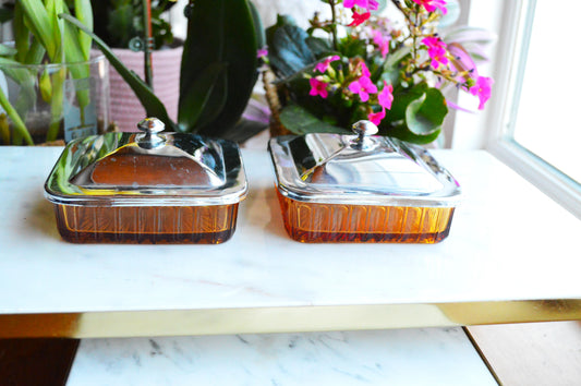 Vintage Amber Colored Glass Butter, Relish or Trinket Dishes with Chrome Lids