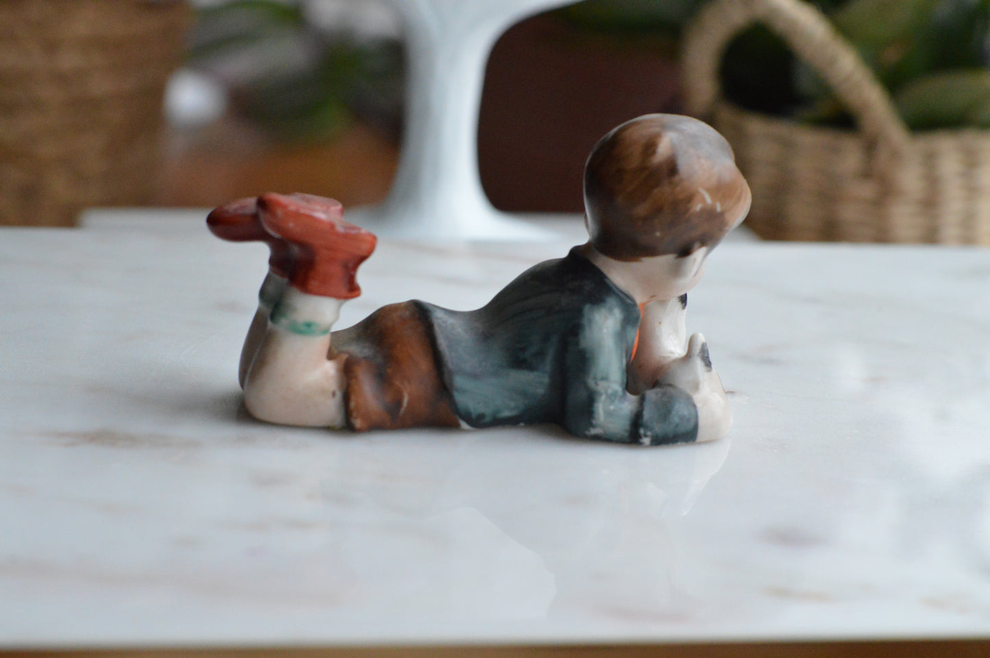 Vintage Hand-Painted Occupied Japan Porcelain Figurine - Little Boy Lying Down with Terrier Puppy Dog, c. 1945-1952