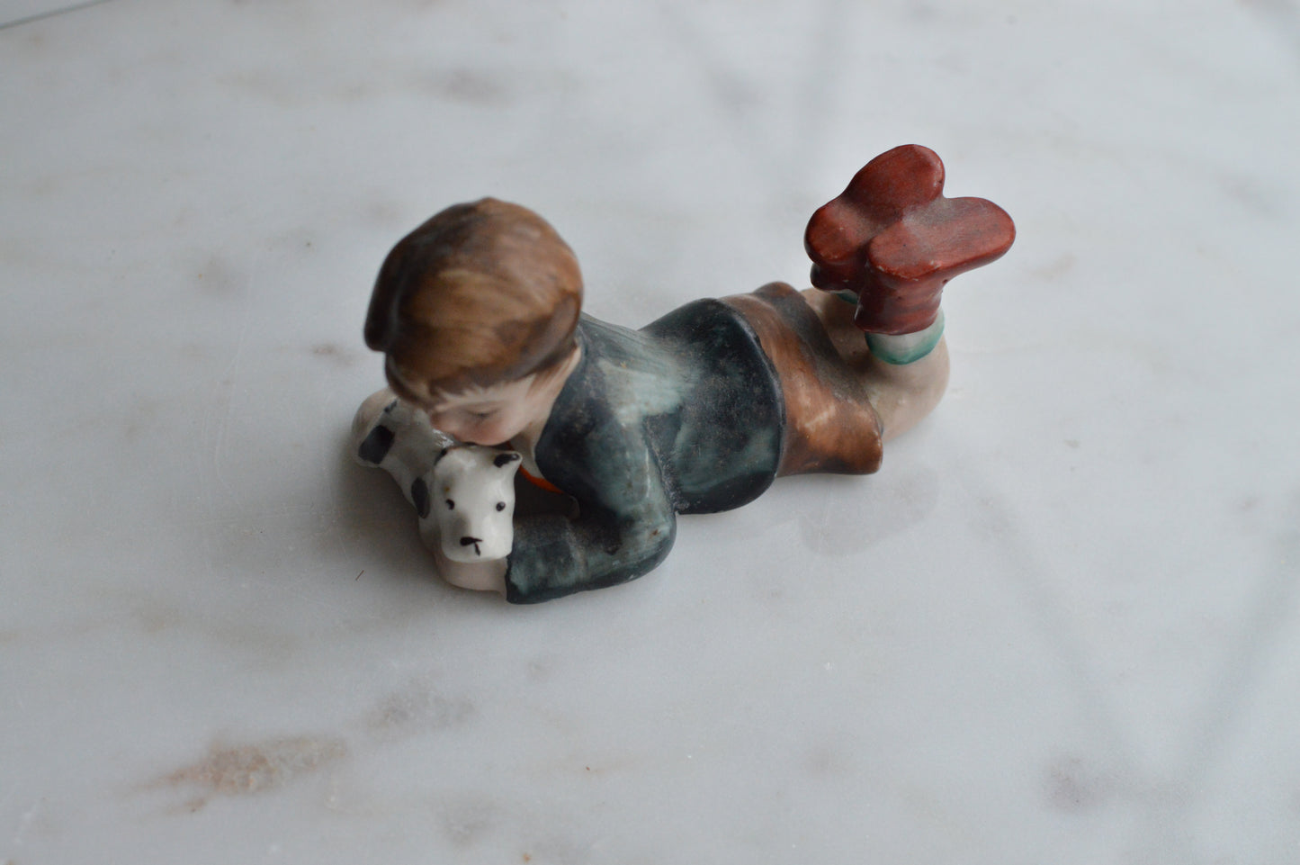 Vintage Hand-Painted Occupied Japan Porcelain Figurine - Little Boy Lying Down with Terrier Puppy Dog, c. 1945-1952