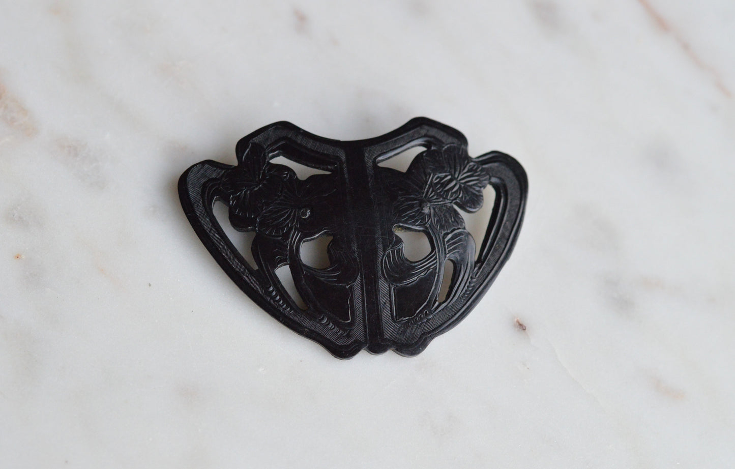 Large Carved Black Bakelite Brooch • 1930s Art Deco Floral Shield Pin • 2.8" Vintage Bakelite Jewelry