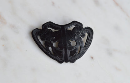 Large Carved Black Bakelite Brooch • 1930s Art Deco Floral Shield Pin • 2.8" Vintage Bakelite Jewelry