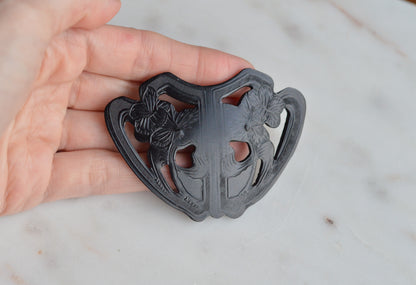 Large Carved Black Bakelite Brooch • 1930s Art Deco Floral Shield Pin • 2.8" Vintage Bakelite Jewelry