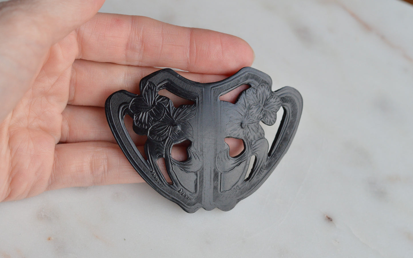 Large Carved Black Bakelite Brooch • 1930s Art Deco Floral Shield Pin • 2.8" Vintage Bakelite Jewelry
