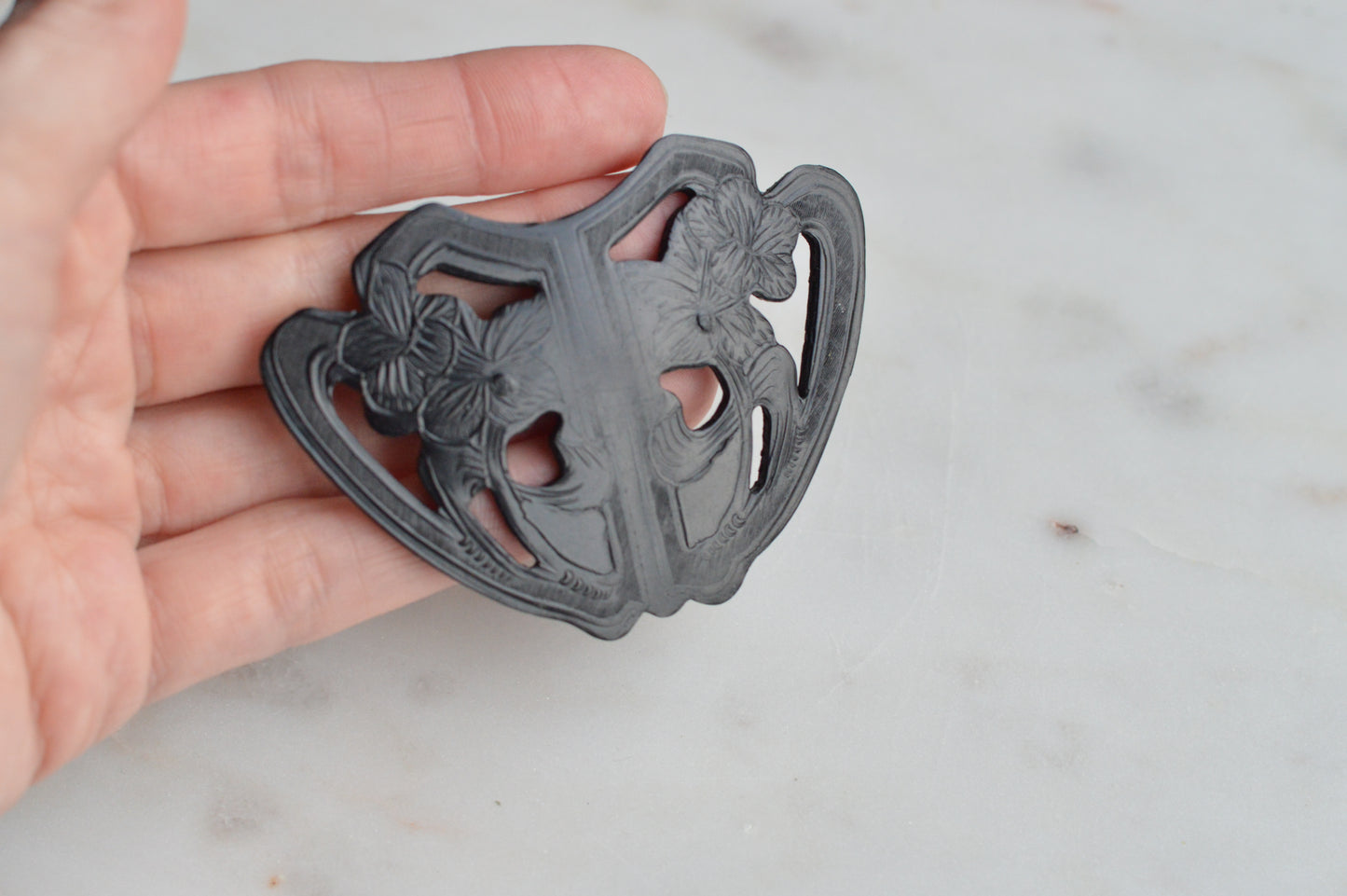 Large Carved Black Bakelite Brooch • 1930s Art Deco Floral Shield Pin • 2.8" Vintage Bakelite Jewelry