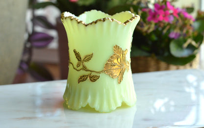 Northwood Uranium Custard Glass Spooner • Raised Gold Enamel • Antique Opaline Spoon Holder • Glows Under UV • 1898–1905 Victorian Glass