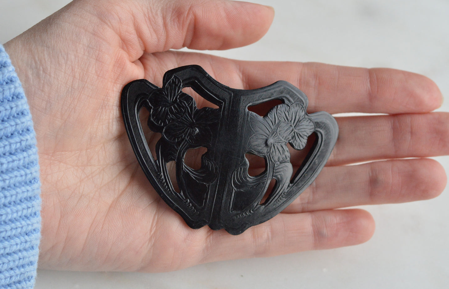 Large Carved Black Bakelite Brooch • 1930s Art Deco Floral Shield Pin • 2.8" Vintage Bakelite Jewelry