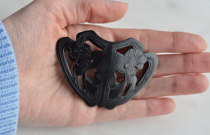 Large Carved Black Bakelite Brooch • 1930s Art Deco Floral Shield Pin • 2.8" Vintage Bakelite Jewelry
