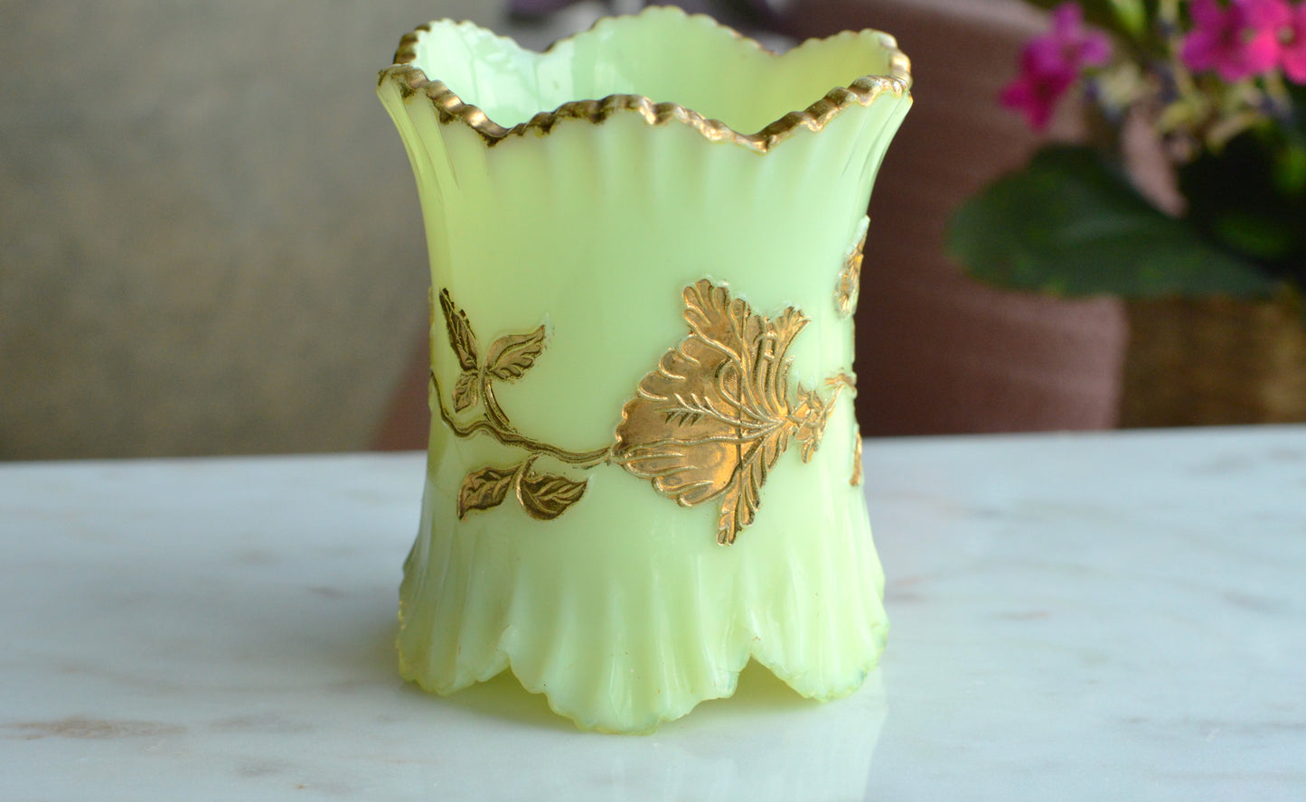 Northwood Uranium Custard Glass Spooner • Raised Gold Enamel • Antique Opaline Spoon Holder • Glows Under UV • 1898–1905 Victorian Glass