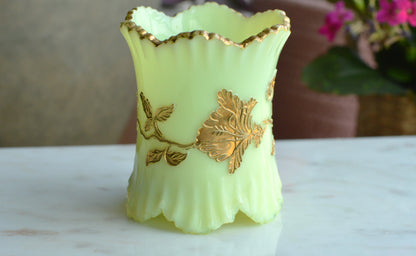 Northwood Uranium Custard Glass Spooner • Raised Gold Enamel • Antique Opaline Spoon Holder • Glows Under UV • 1898–1905 Victorian Glass