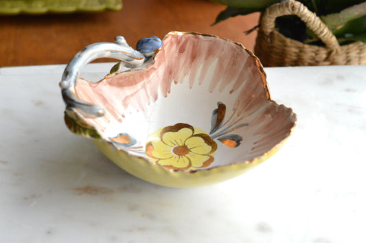 Vintage Italian Mid-Century Modern Ceramic Hand-Painted Leaf Bowl with Branch Handle – Cottagecore Art Pottery Candy Dish