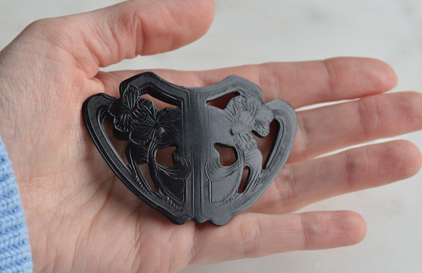 Large Carved Black Bakelite Brooch • 1930s Art Deco Floral Shield Pin • 2.8" Vintage Bakelite Jewelry