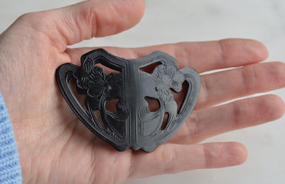 Large Carved Black Bakelite Brooch • 1930s Art Deco Floral Shield Pin • 2.8" Vintage Bakelite Jewelry